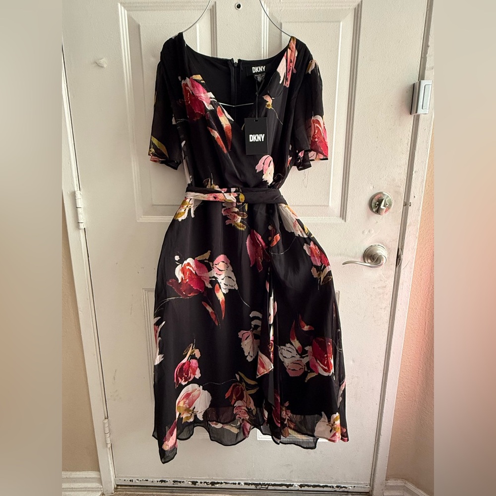 DKNY Floral Chiffon Midi Dress | Elegant Black & Red Blooms | NWT | Size 12